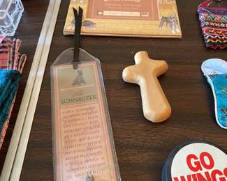 bookmark, frame, wooden cross, hockey puck