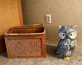 basket, owl figurine, statue