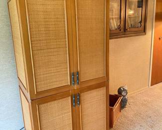 entertainment center, basket, owl figurine, statue