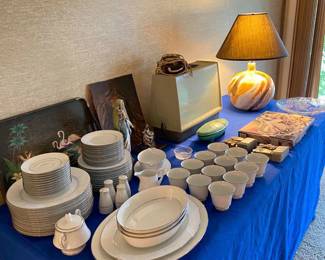 serving tray, china set, Virgin Mary figurine, Jesus painting, La Pieta brass sculpture, vintage Singer sewing machine, Singer buttonholer