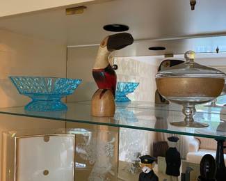 Glass dish, wooden toucan, glass lidded dish, glass picture frame, captain figurine, decanter