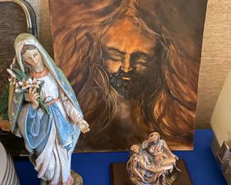 Virgin Mary figurine, Jesus painting, La Pieta brass sculpture