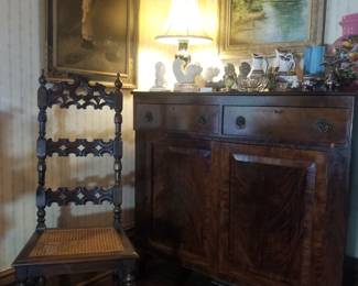 Handsome Jacobean side chair, mahogany Empire server.