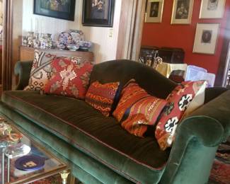 Handsome green velvet Camelback sofa.
