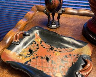 Rectangle glazed stoneware tray,  Bronze ring around the rosie egg holder
