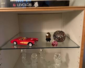 Robert Eikhold paperweight, Franklin Mint Corvette convertible, Libochovice candle holder