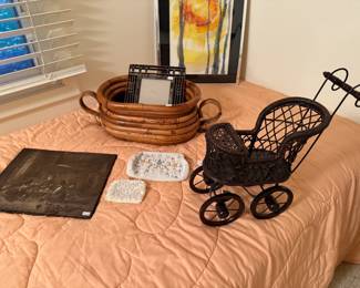 Metal picture frames,  Baskets, Wicker carriage
