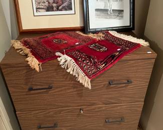 two drawer dresser, framed prints