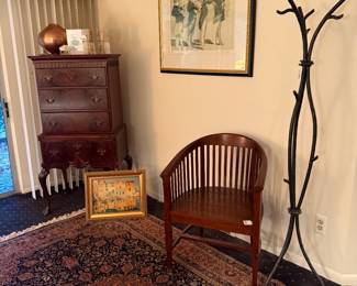 Vintage barrel chair, Metal tree branch coat rack
