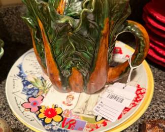 Vintage cabbage decor teapot, Limoges romance plates