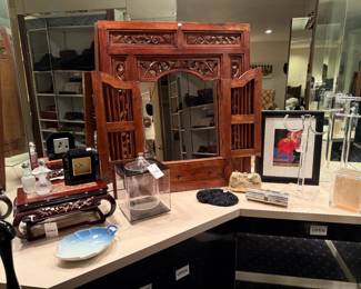 Wooden altar table, Morgan Lucite ice bucket, Perfume bottles, Fratelli Barbini Venetian mirror (BL), Purses