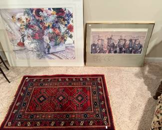 Area rug, framed art
