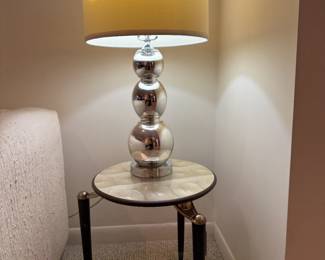 Chrome-based table lamp, Jonken MCM tripod stacking tables (A and B)
