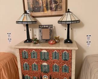 Hand-painted house dresser, Tiffany lamps