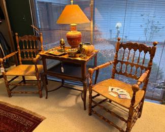 Spindle Back Chair (A), Spindle Back Chair (B), Rectangle glazed stoneware tray,   Bronze ring around the rosie egg holder, Antique Bijouterie Table

