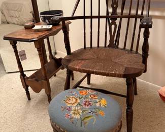 Floral needlepoint footstool, Windsor style chair, Wedgwood Jasperware bowl,  Magazine rack side table
