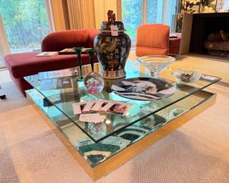 Signed Art Deco figural glass plate, Chinese Famille Rose urn