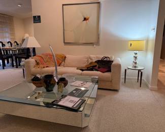 Robert Lawson original painting, Tiffin black satin painted glass vases (A and B), Signed Daum France sailboat, Chrome-based table lamp