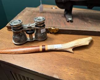 Opera glasses, Antique apple peeler
