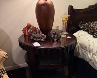 Susan Rankin studio art glass piece, Strini iridescent candlesticks, Copper lamp,  Side tables
