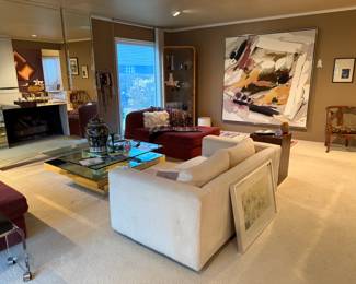 MCM textured couch, Mid-century modern glass and mirror table
