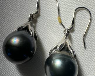 Sterling Silver Drop Earrings with 12/13 Mm Cultured Baroque Black Tahitian Dangle Pearls (Comes with Cert of authenticity and original purchase receipt)