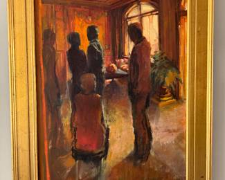 Framed Original Oil on Canvas Living Room Scene Signed by Unknown