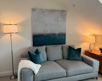 Rowe Furniture Low-Profile Upholstered 2 Cushion Sofa (40"D x 84"W x 27" Back Height) & Telescoping Floor Lamp