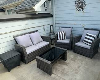 Superjoe 5 Pcs Outdoor Rattan Patio Set with Loveseat (24"D x 48"W x 31-1/2" Back Height), Armchairs (24"D x 28"W x 31-1/2" Back Height), & Glass Top Coffee Table (34"W x 20"D x 14"H)
