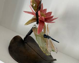 Water Lilly on Leaf Glass & Hand-forged Steel Sculpture by Loy Allen