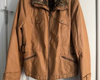 Women's Black Rivet Leather with Faux Fur Collar Bomber Jacket Size L