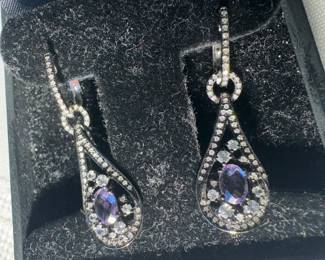 14K White Gold Tear Drop Lever Back Earrings With Oval Purple Checkerboard Amethysts, 12 Round White Sapphires & 136 Small Round Single Cut Diamonds, Black Rhodium