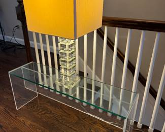 Lucite Base with Glass Top Accent Table (10"D x 39"W x 15-1/2"H) with Stacked Crystal Cube Lamp