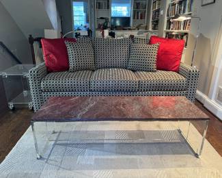 Ethan Allen Brown & White Wicker Pattern Upholstered Sofa (37"D x 77"W x 31" Back Height) & Lucite Base with Marble Top Coffee Table on mini casters (18"D x 54"W x 15-1/2"H) & Lucite Side Table on casters (24"W x 16"D x 21"H)