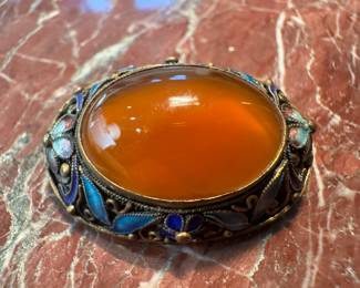 Chinese Enamel & Agate Sterling Silver Brooch