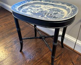 Blue Willow Platter with FauxBamboo Wooden Stand