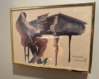 Framed Piano Jazz Watercolor Signed Framed Leo Meiersdorff New Orleans 1976