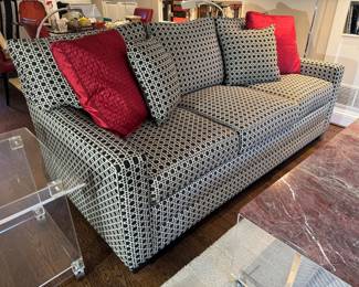 Ethan Allen Brown & White Wicker Pattern Upholstered Sofa (37"D x 77"W x 31" Back Height)