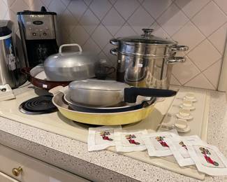 Double Pasta Boiler, Dansk Metal Enamel Pan, Wagner Ware Pan and Pot with Lid
