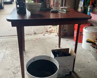 wooden table, planters, bird houses