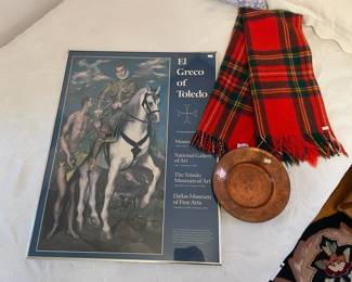 Framed Posters, Scarves, Copper Bowl
