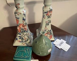 Pewabic Bunny Tile, Pair of Pomegranate Candle Holders