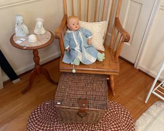 Marble Pedestal Side Table, Baby Dolls, Wien Virgin Mary Bust, Nichols and stone co rocking chair, Picnic Basket