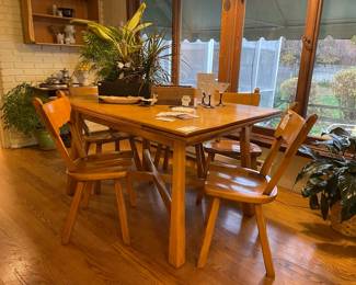 Handmade Wood Table and Chairs, Fris Martini Glasses, Plants in Planters
