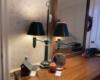 Toleware Double Arm Lamp, Lladro Goose Figurine
Wooden Bitten Apple
