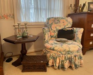 Pewabic Bunny Tile, Pair of Pomegranate Candle Holders, Wingback Chair, Kindel Side Table
