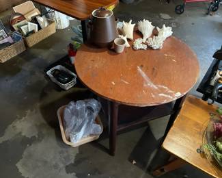 seashells, wooden table