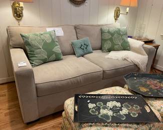 Textured Gray Sofa, Vintage Needlepoint Velour Pillows
