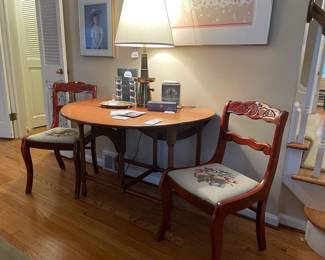 Ladderback Embroidered Chairs, Drop Side Coffee Table, Vintage Brass Table Lamp