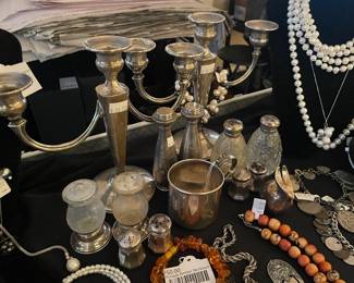 Vintage amber necklace, Sterling Frank Whiting Weighted Candelabra, Quaker Silver Co. Sterling Weighted Salt and Pepper Shakers 702, Vintage Glass Salt and Pepper Shakers with Sterling Lids, Sterling Salt and Pepper Shakers, Luntz Sterling Cup, Vintage Pearl Necklaces

